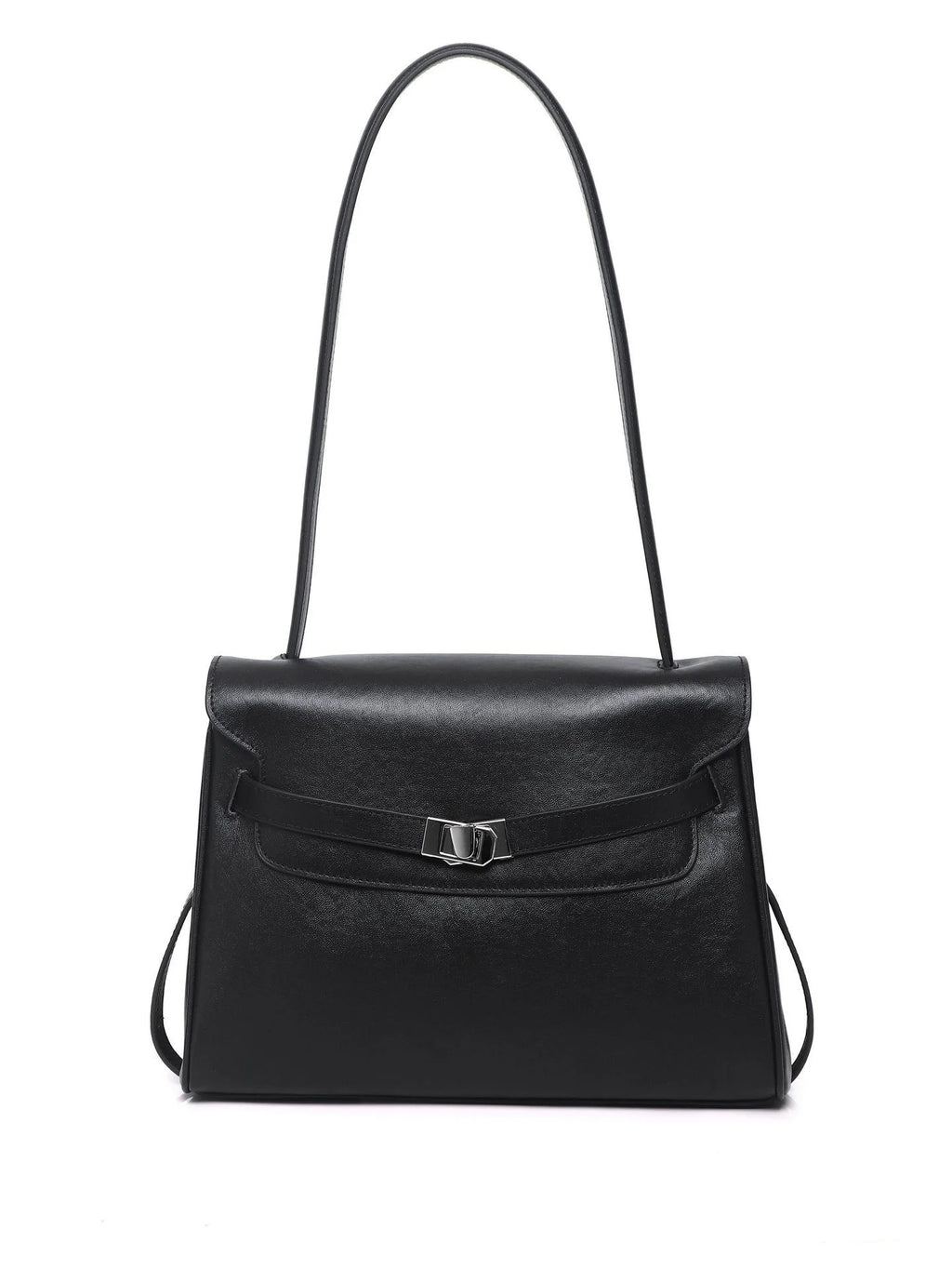 Custom Logo Genuine Leather Flap Shoulder Bag Silver Rectangular Clasp Cowhide Structured Crossbody Satchel OEM Bulk Order