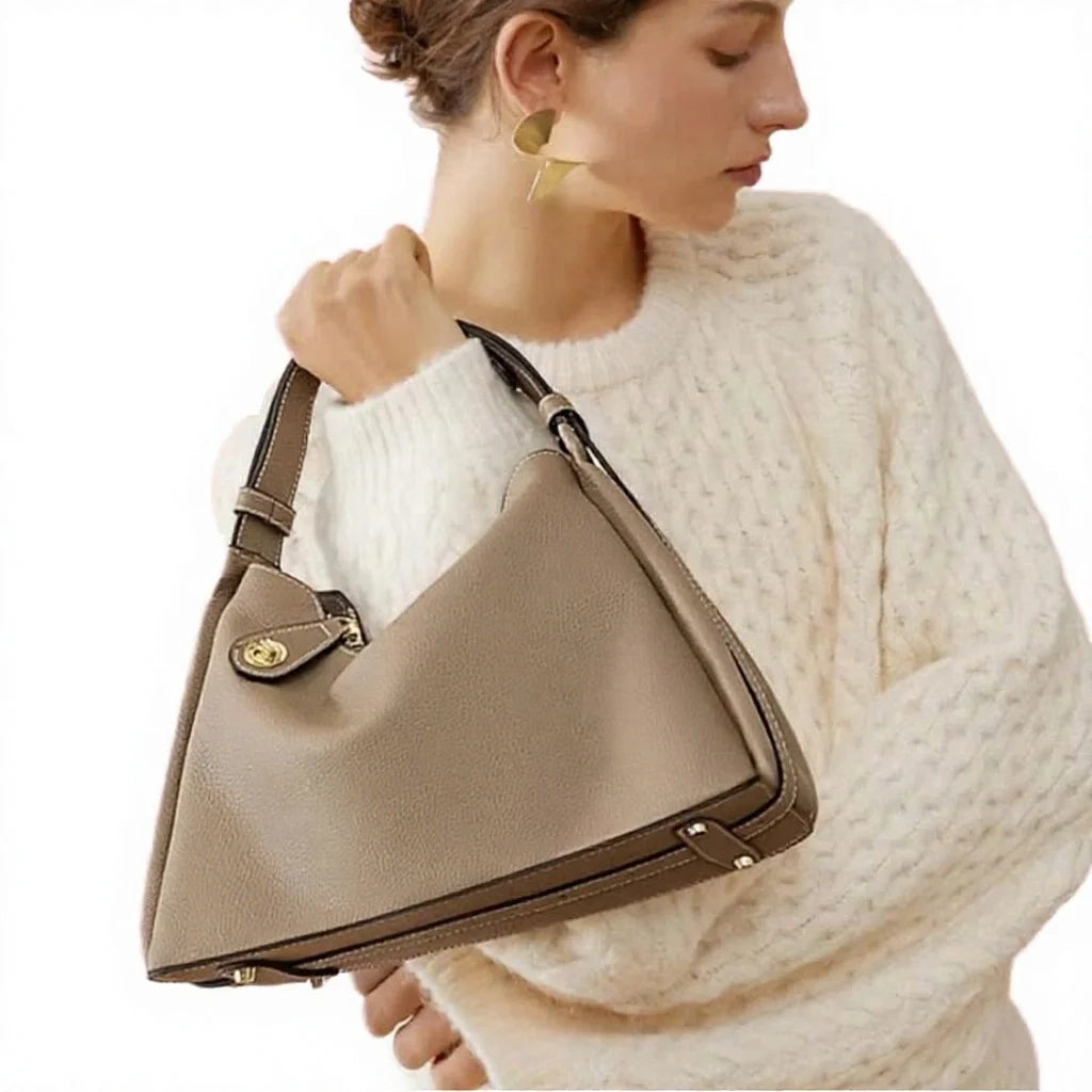 Custom Logo Genuine Leather Hobo Shoulder Bag Asymmetric Cowhide Contrast Stitch Turn-Lock Gold Hardware OEM Bulk Order