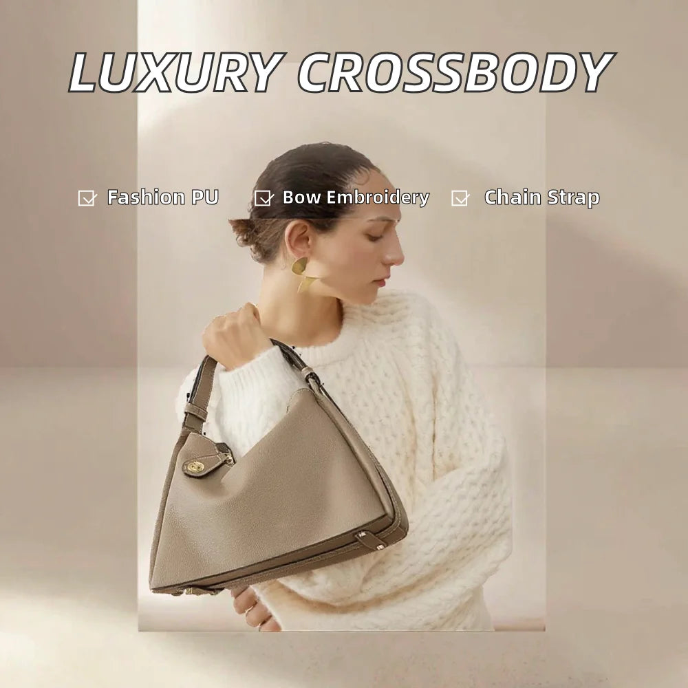 Custom Logo Genuine Leather Hobo Shoulder Bag Asymmetric Cowhide Contrast Stitch Turn-Lock Gold Hardware OEM Bulk Order