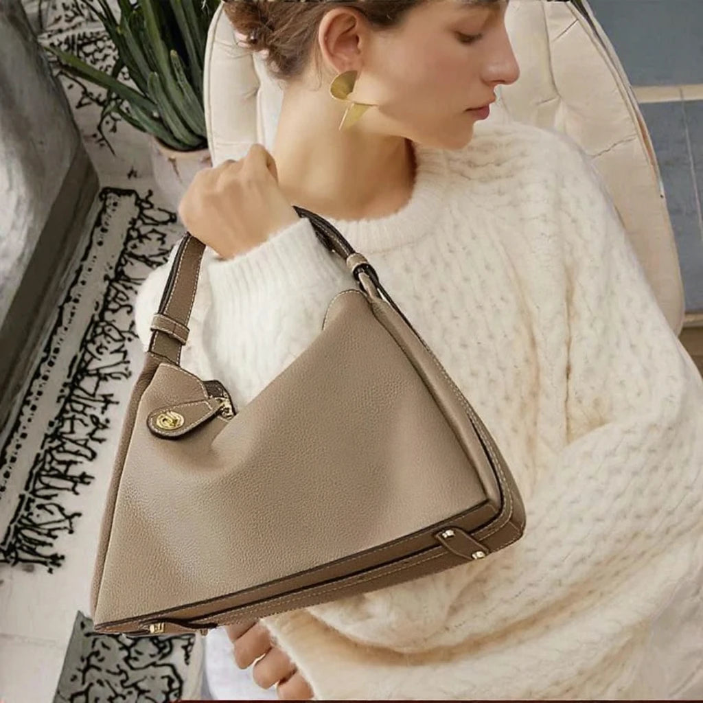 Custom Logo Genuine Leather Hobo Shoulder Bag Asymmetric Cowhide Contrast Stitch Turn-Lock Gold Hardware OEM Bulk Order