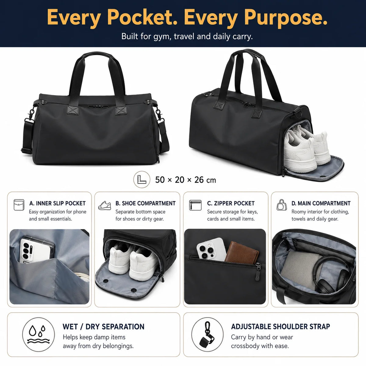 Custom Logo Gym Duffel Bag with Shoe Compartment Waterproof Travel Bag Large Capacity Wet/Dry Separation Sports Bag