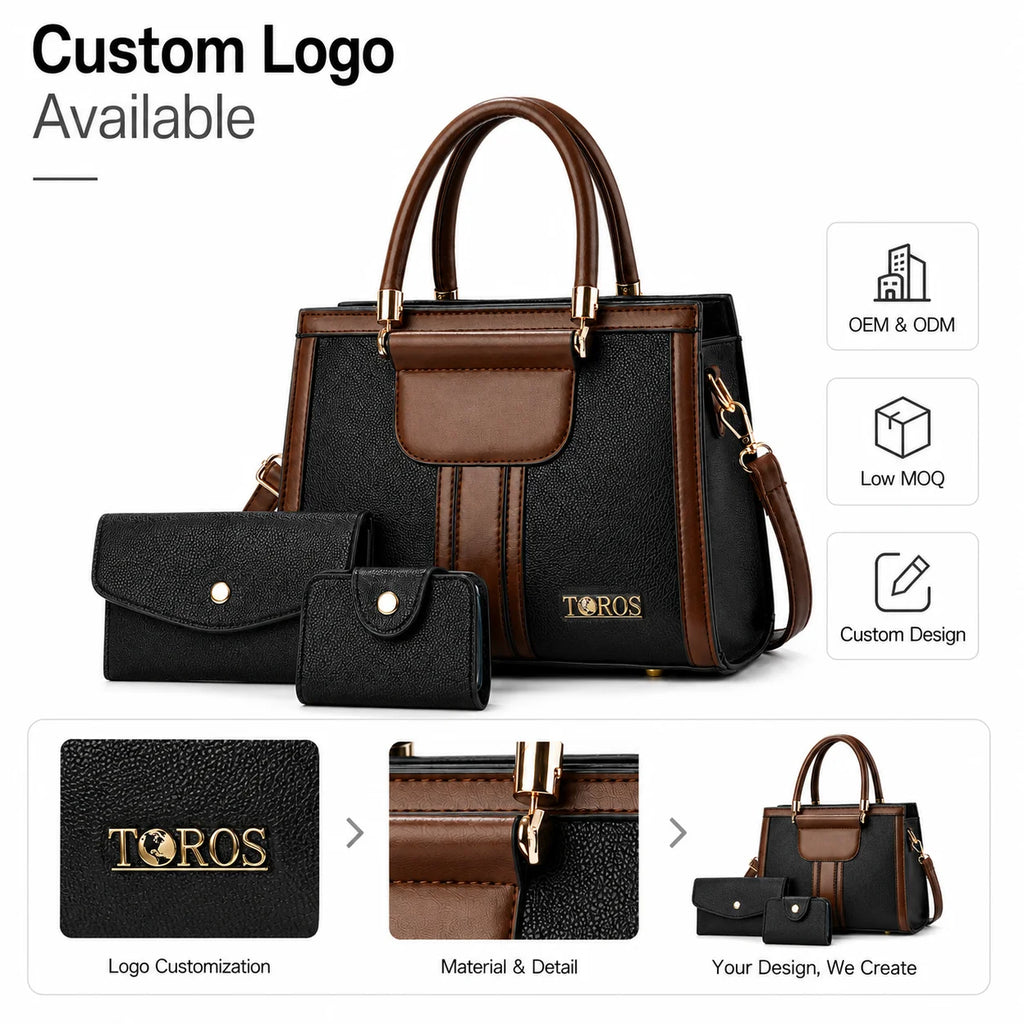 Custom Logo Ladies Handbag 3-Piece Set Tote Bag Clutch Coin Purse OEM ODM Wholesale