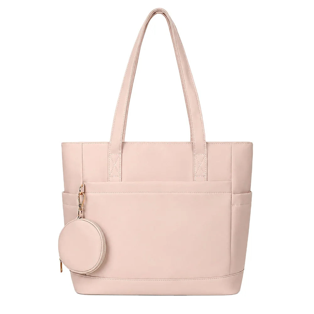 Custom Logo Nude Nylon Tote Bag Set with Matching Coin Purse Front Pocket Side Sleeves Reinforced Straps OEM Bulk Order