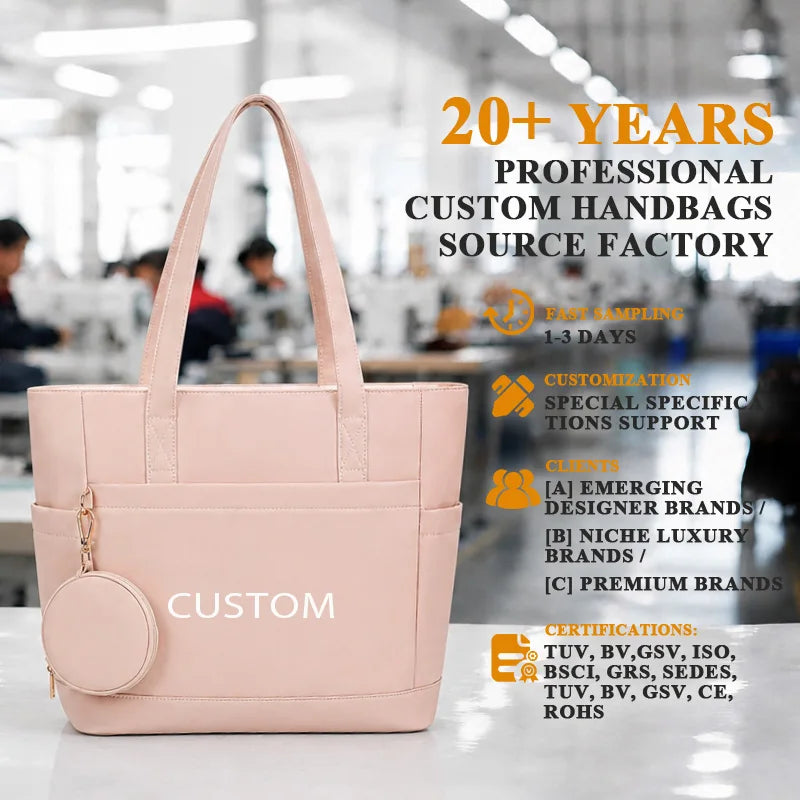 Custom Logo Nude Nylon Tote Bag Set with Matching Coin Purse Front Pocket Side Sleeves Reinforced Straps OEM Bulk Order