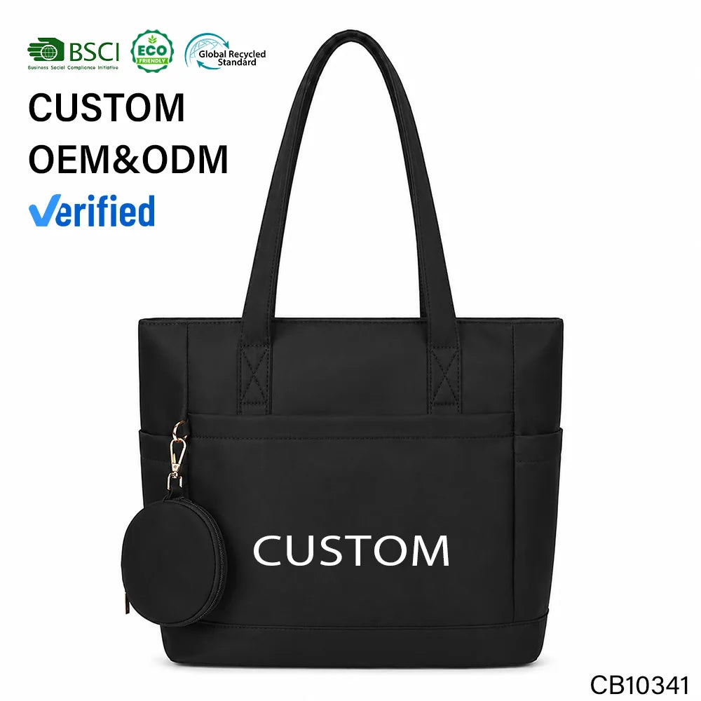 Custom Logo Nude Nylon Tote Bag Set with Matching Coin Purse Front Pocket Side Sleeves Reinforced Straps OEM Bulk Order