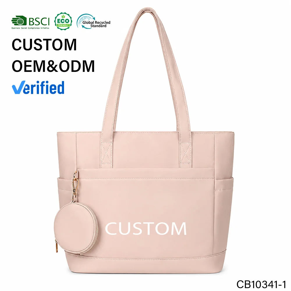 Custom Logo Nude Nylon Tote Bag Set with Matching Coin Purse Front Pocket Side Sleeves Reinforced Straps OEM Bulk Order