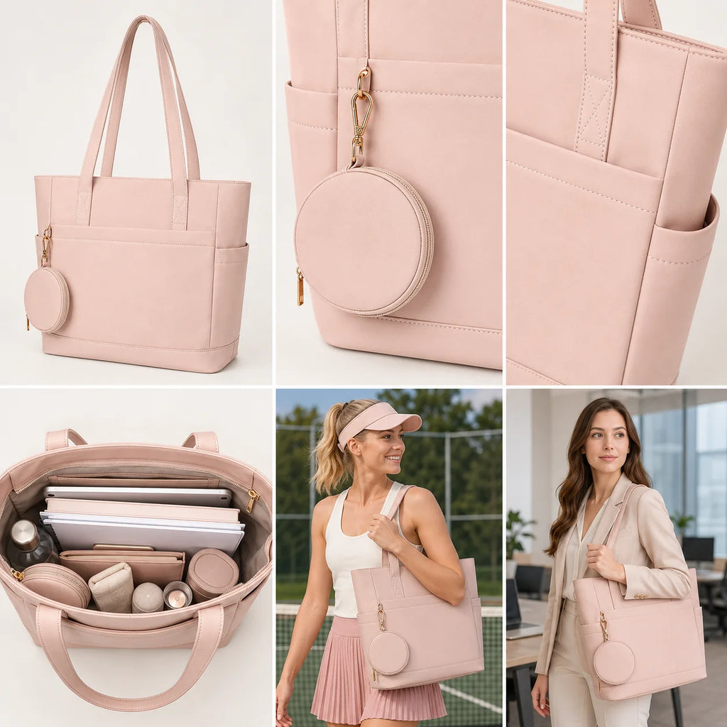 Custom Logo Nude Nylon Tote Bag Set with Matching Coin Purse Front Pocket Side Sleeves Reinforced Straps OEM Bulk Order