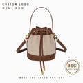 Custom Logo OEM ODM BSCI Factory Canvas PU Leather Bucket Bag Drawstring Detachable Strap Quiet Luxury for Women Travel Work