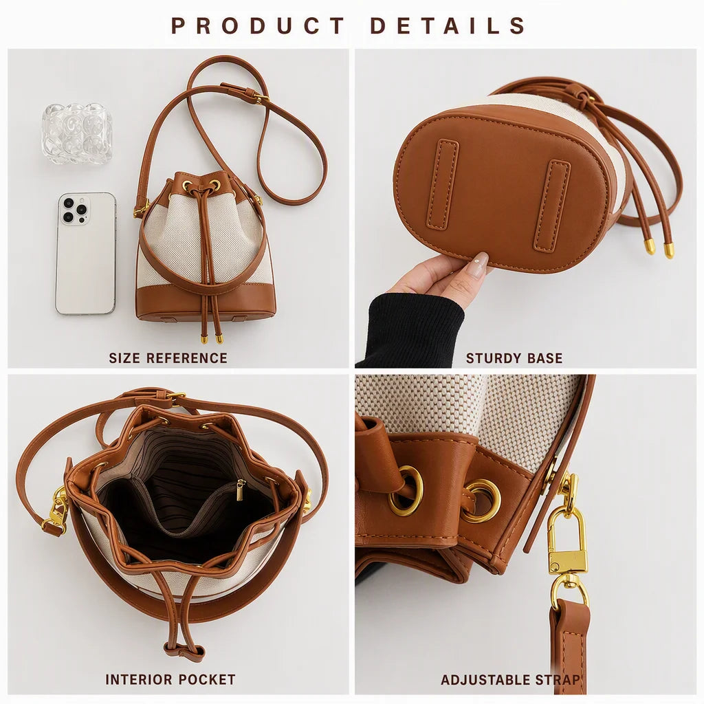 Custom Logo OEM ODM BSCI Factory Canvas PU Leather Bucket Bag Drawstring Detachable Strap Quiet Luxury for Women Travel Work