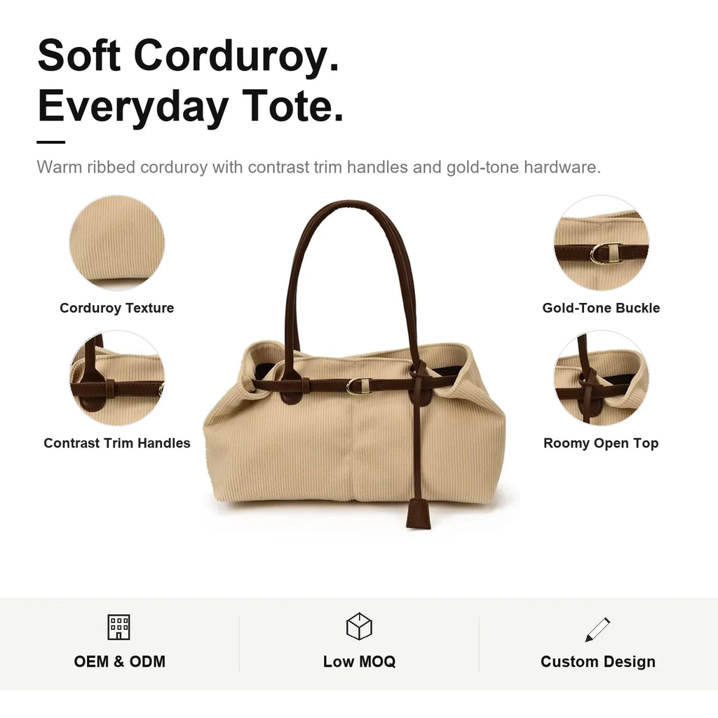 Custom Logo OEM ODM Beige Corduroy Shoulder Bag Slouchy Tote with Belt Buckle Low MOQ Custom Design Wholesale