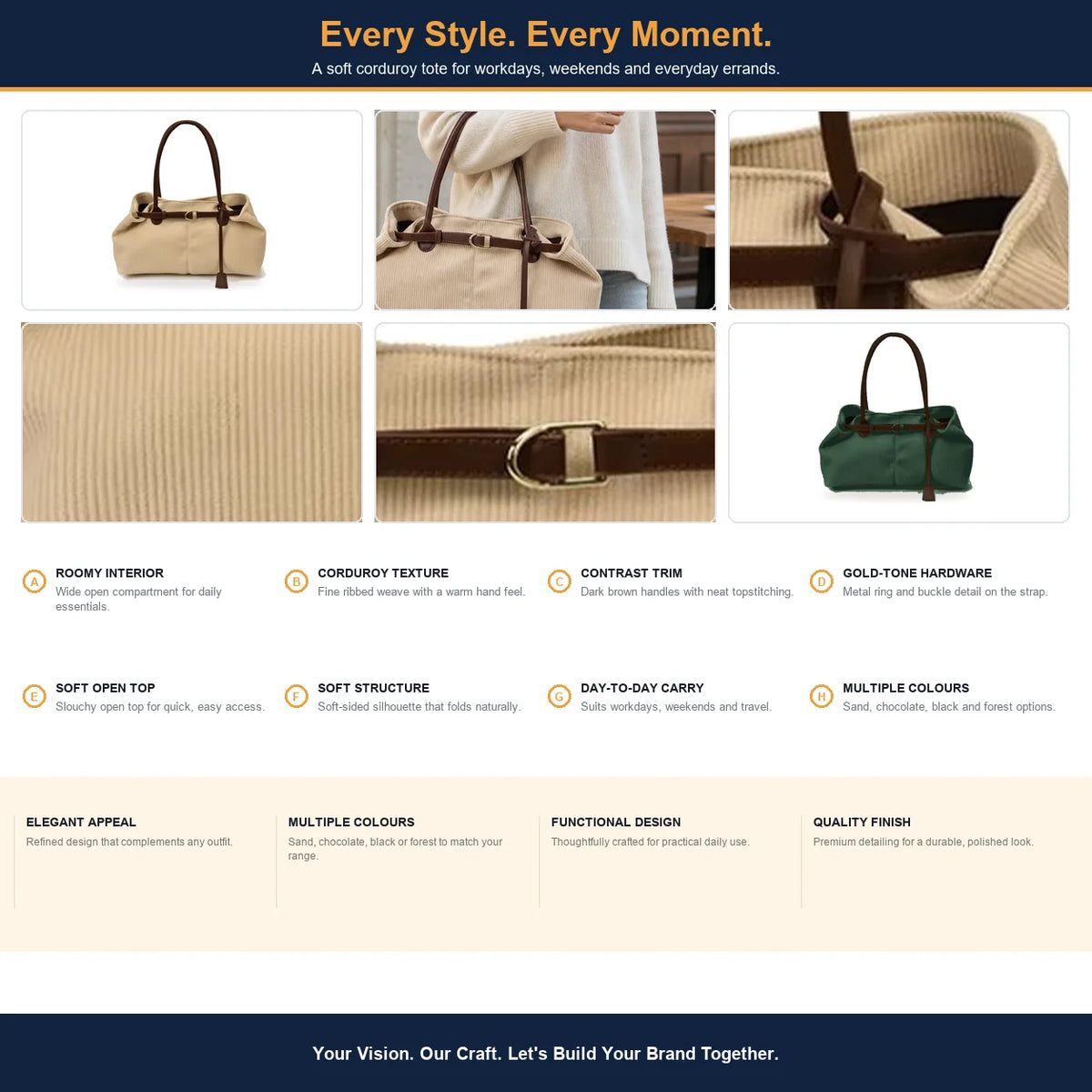 Custom Logo OEM ODM Beige Corduroy Shoulder Bag Slouchy Tote with Belt Buckle Low MOQ Custom Design Wholesale