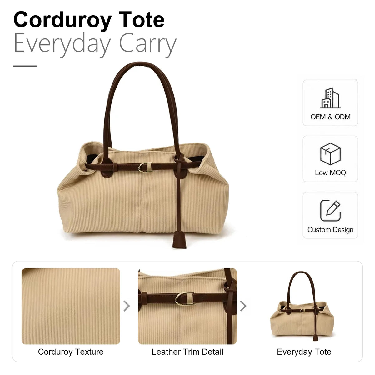 Custom Logo OEM ODM Beige Corduroy Shoulder Bag Slouchy Tote with Belt Buckle Low MOQ Custom Design Wholesale