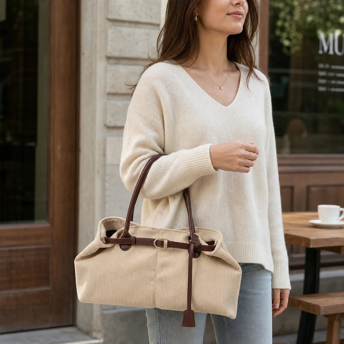 Custom Logo OEM ODM Beige Corduroy Shoulder Bag Slouchy Tote with Belt Buckle Low MOQ Custom Design Wholesale