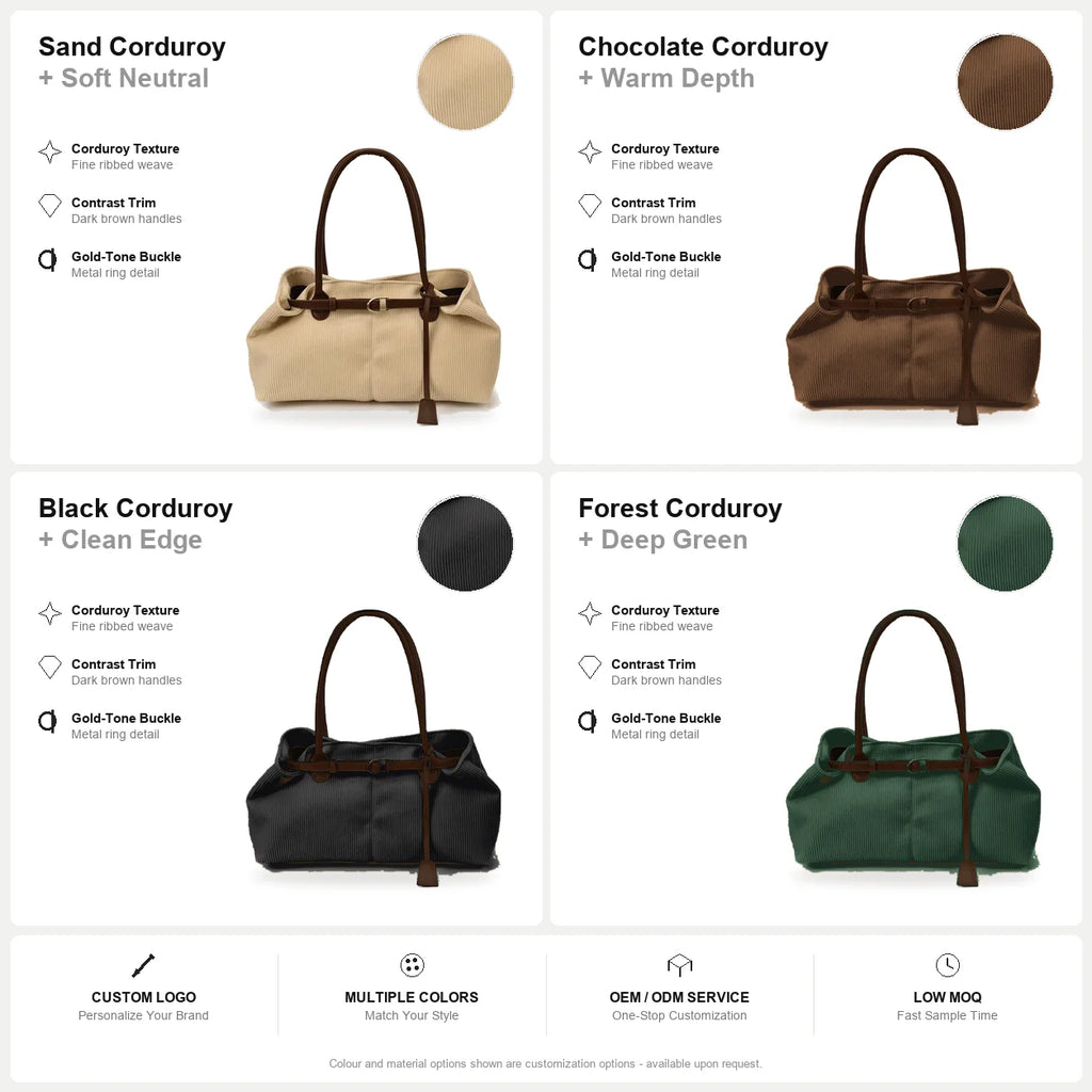 Custom Logo OEM ODM Beige Corduroy Shoulder Bag Slouchy Tote with Belt Buckle Low MOQ Custom Design Wholesale