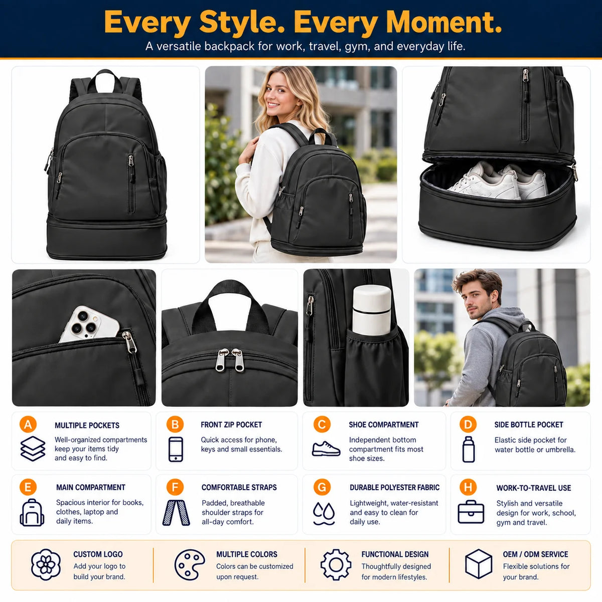 Custom Logo OEM ODM Black Gym Backpack with Shoe Compartment Nylon Travel Daypack Low MOQ Custom Design Wholesale