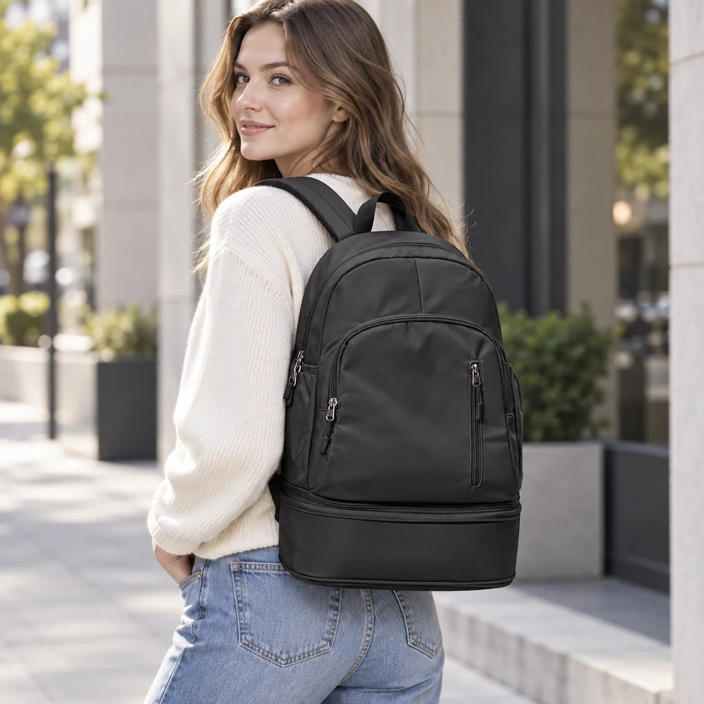 Custom Logo OEM ODM Black Gym Backpack with Shoe Compartment Nylon Travel Daypack Low MOQ Custom Design Wholesale