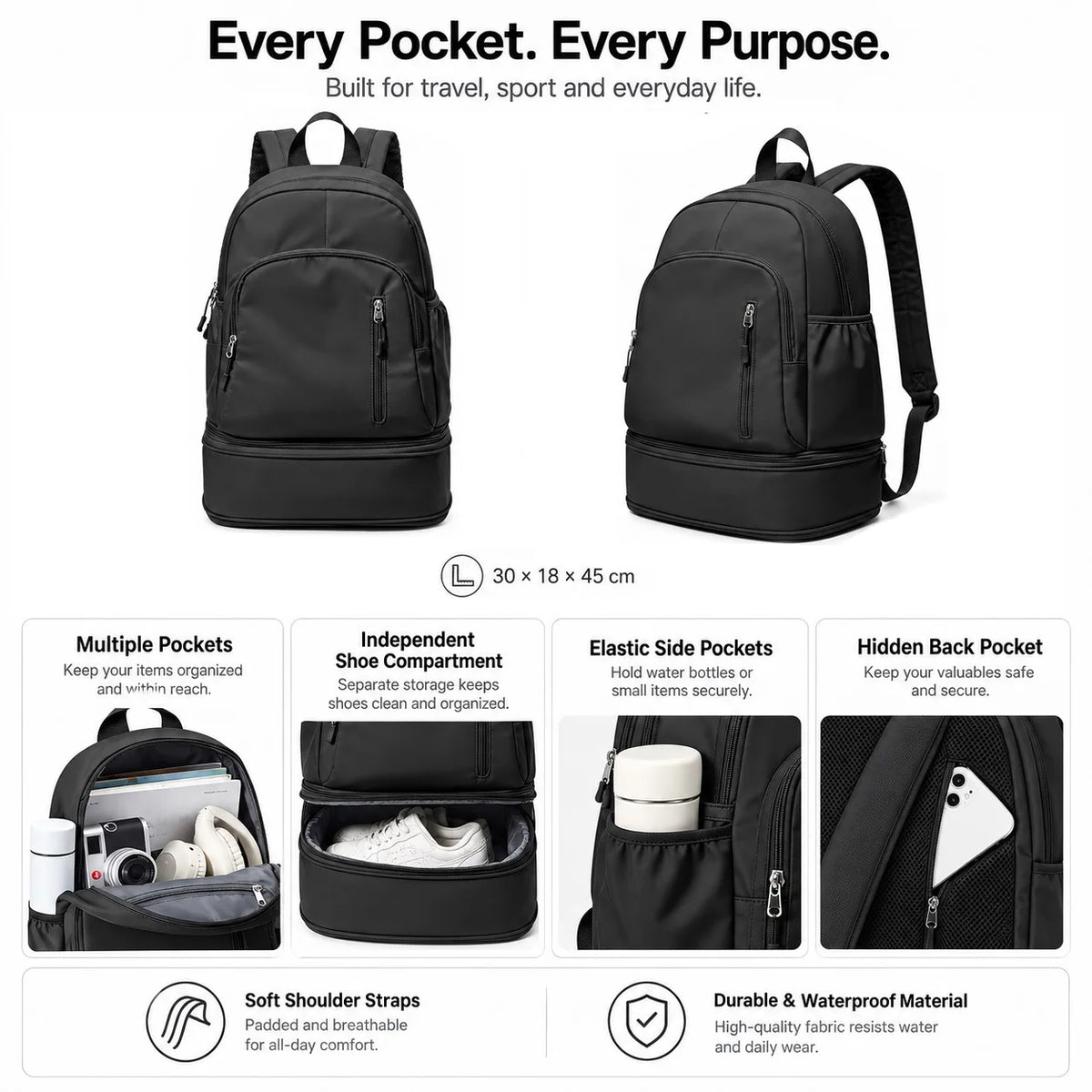 Custom Logo OEM ODM Black Gym Backpack with Shoe Compartment Nylon Travel Daypack Low MOQ Custom Design Wholesale