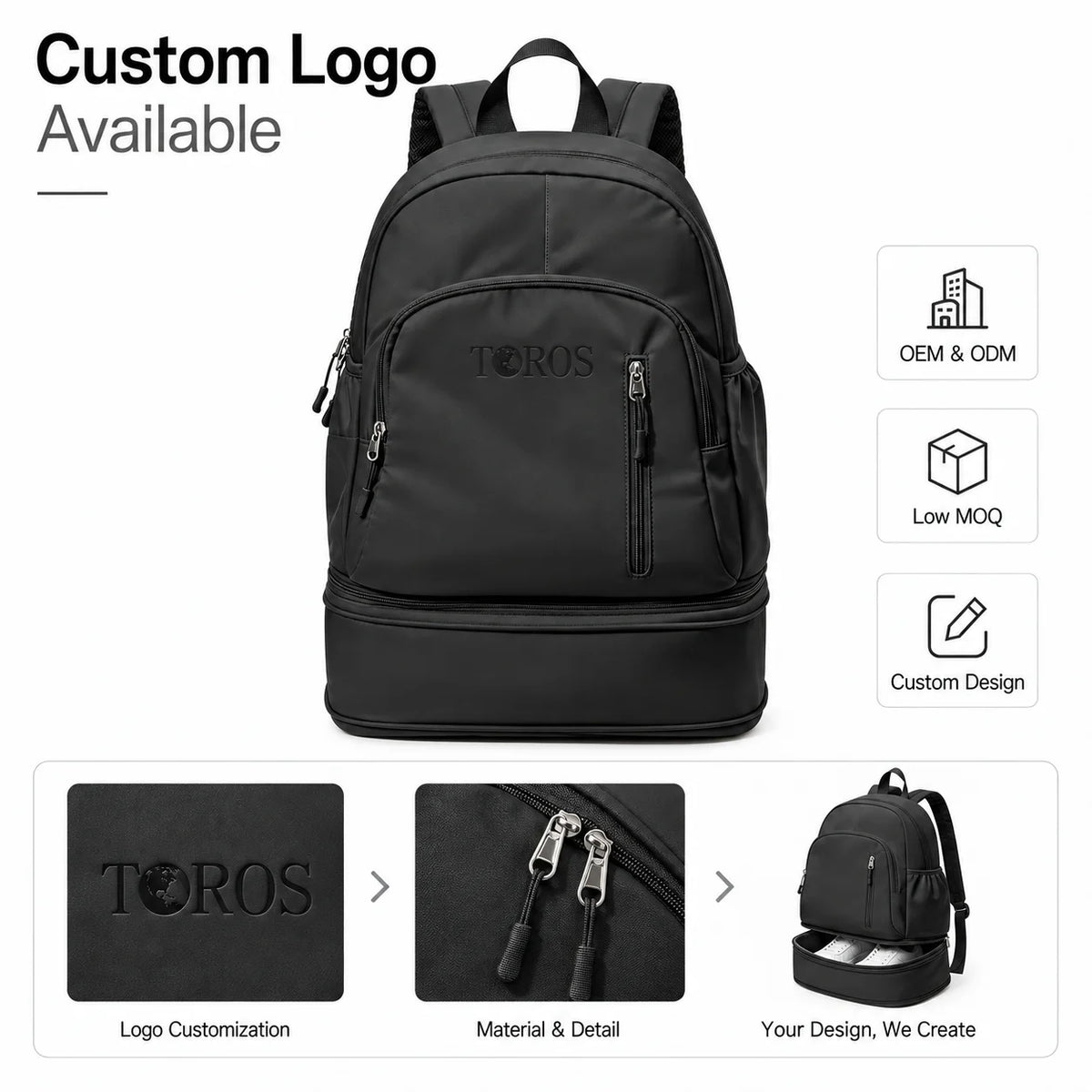 Custom Logo OEM ODM Black Gym Backpack with Shoe Compartment Nylon Travel Daypack Low MOQ Custom Design Wholesale