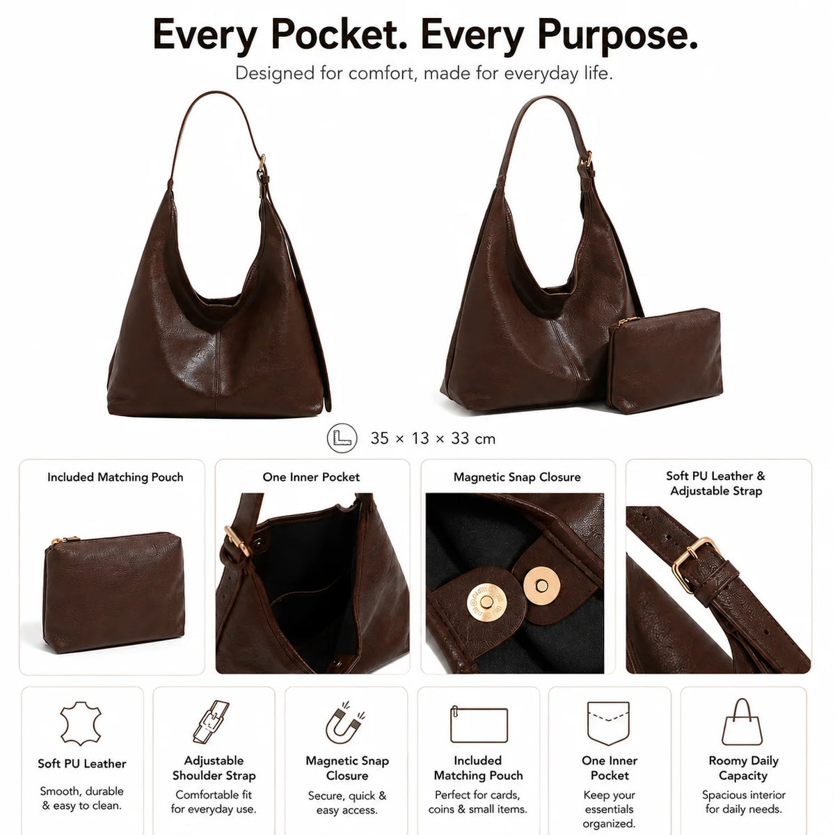 Custom Logo OEM ODM Brown Hobo Shoulder Bag Set Large Handbag with Zipper Pouch Low MOQ Custom Design Wholesale