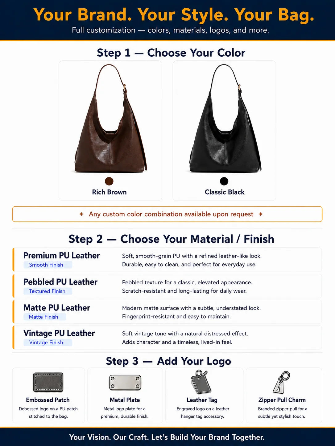 Custom Logo OEM ODM Brown Hobo Shoulder Bag Set Large Handbag with Zipper Pouch Low MOQ Custom Design Wholesale