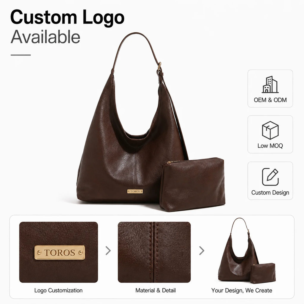 Custom Logo OEM ODM Brown Hobo Shoulder Bag Set Large Handbag with Zipper Pouch Low MOQ Custom Design Wholesale