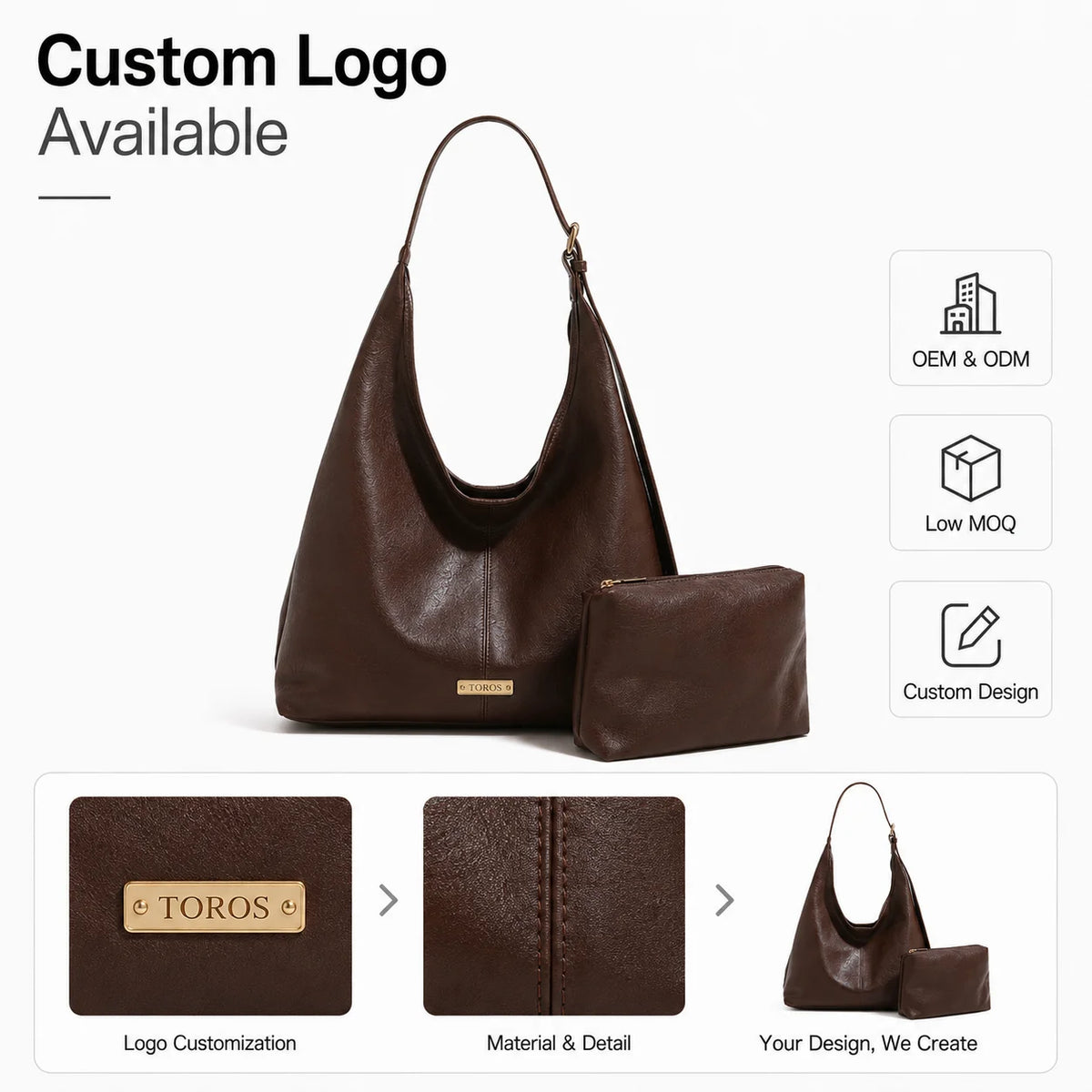 Custom Logo OEM ODM Brown Hobo Shoulder Bag Set Large Handbag with Zipper Pouch Low MOQ Custom Design Wholesale