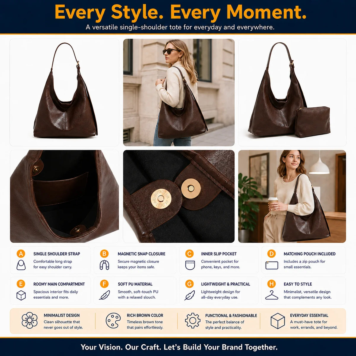 Custom Logo OEM ODM Brown Hobo Shoulder Bag Set Large Handbag with Zipper Pouch Low MOQ Custom Design Wholesale