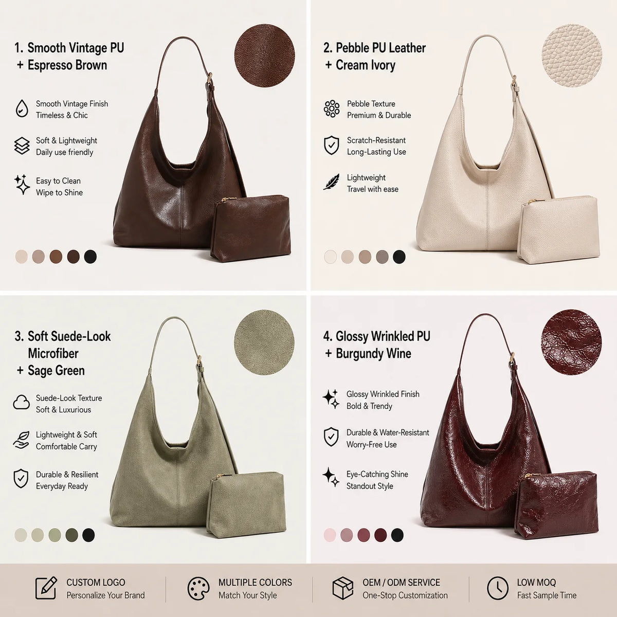 Custom Logo OEM ODM Brown Hobo Shoulder Bag Set Large Handbag with Zipper Pouch Low MOQ Custom Design Wholesale