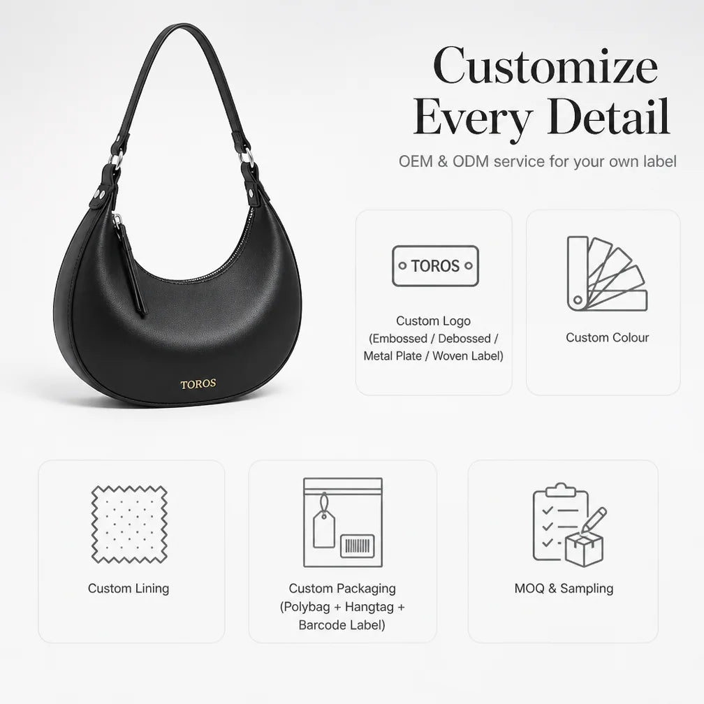 Custom Logo OEM ODM Crescent Shoulder Bag Women PU Leather Hobo Purse Minimalist Design Zipper Wholesale Manufacturer