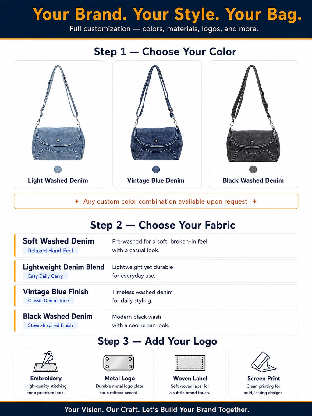 Custom Logo OEM ODM Denim Saddle Bag Women Crossbody Shoulder Bag Low MOQ Custom Design Wholesale Manufacturer