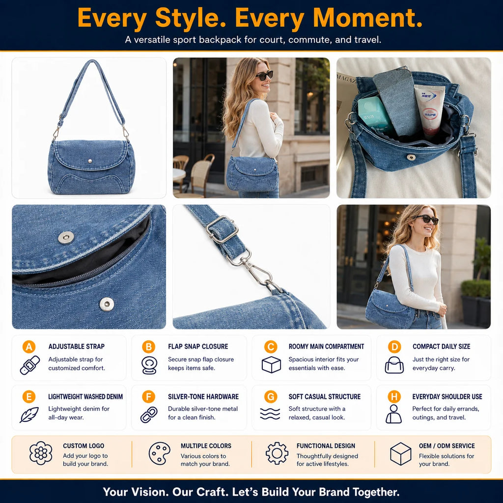 Custom Logo OEM ODM Denim Saddle Bag Women Crossbody Shoulder Bag Low MOQ Custom Design Wholesale Manufacturer