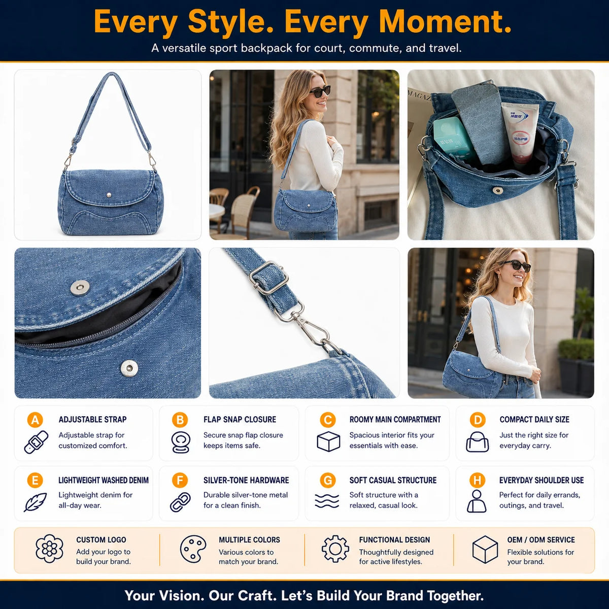 Custom Logo OEM ODM Denim Saddle Bag Women Crossbody Shoulder Bag Low MOQ Custom Design Wholesale Manufacturer