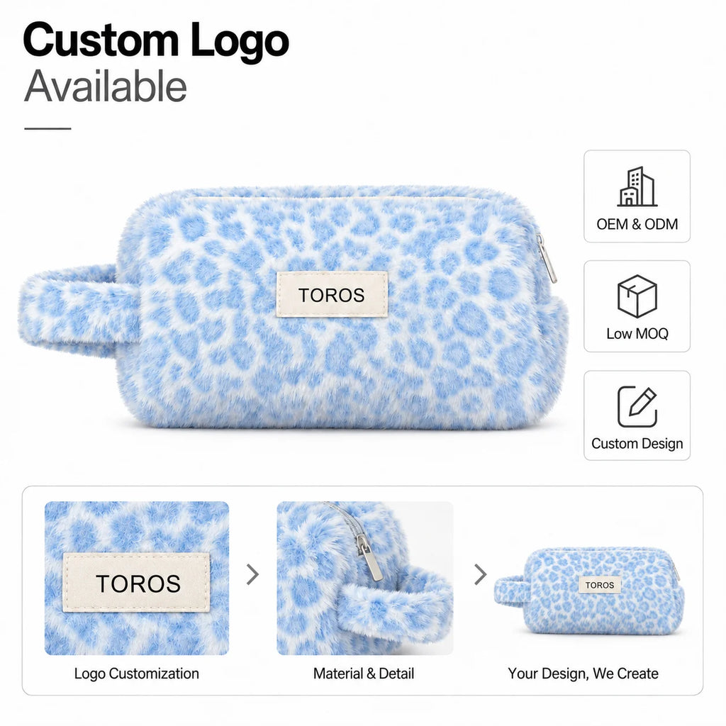 Custom Logo OEM ODM Fluffy Plush Cosmetic Bag Blue Leopard Faux Fur Makeup Pouch Low MOQ Custom Design Wholesale