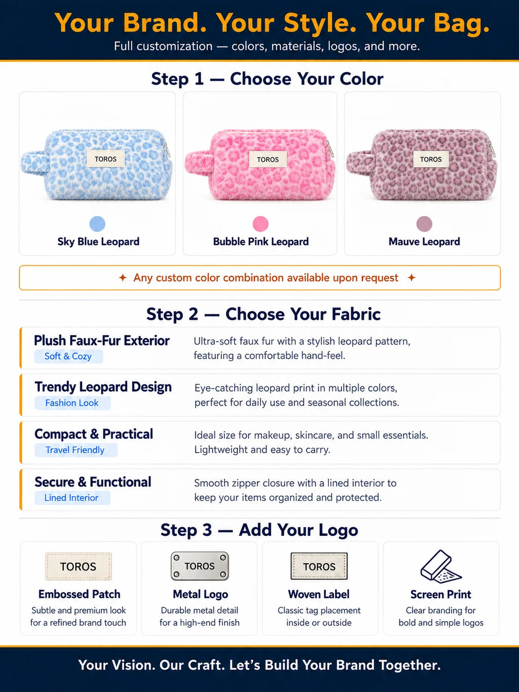 Custom Logo OEM ODM Fluffy Plush Cosmetic Bag Blue Leopard Faux Fur Makeup Pouch Low MOQ Custom Design Wholesale