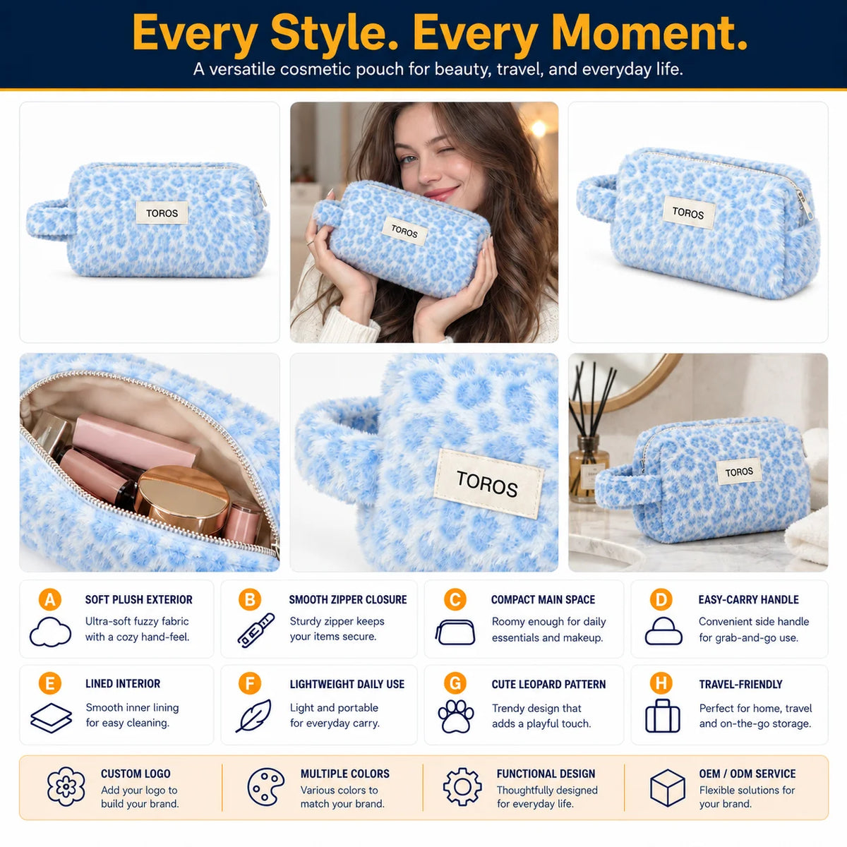 Custom Logo OEM ODM Fluffy Plush Cosmetic Bag Blue Leopard Faux Fur Makeup Pouch Low MOQ Custom Design Wholesale