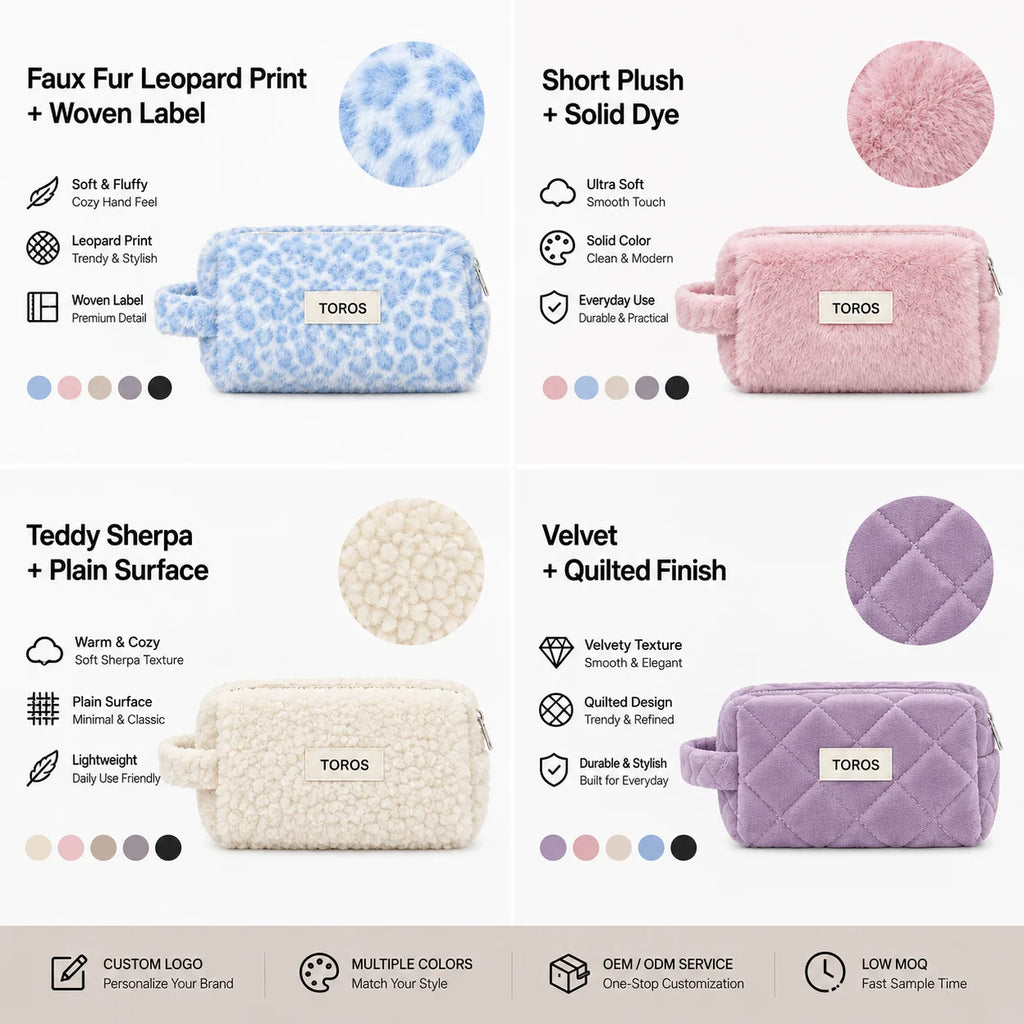 Custom Logo OEM ODM Fluffy Plush Cosmetic Bag Blue Leopard Faux Fur Makeup Pouch Low MOQ Custom Design Wholesale