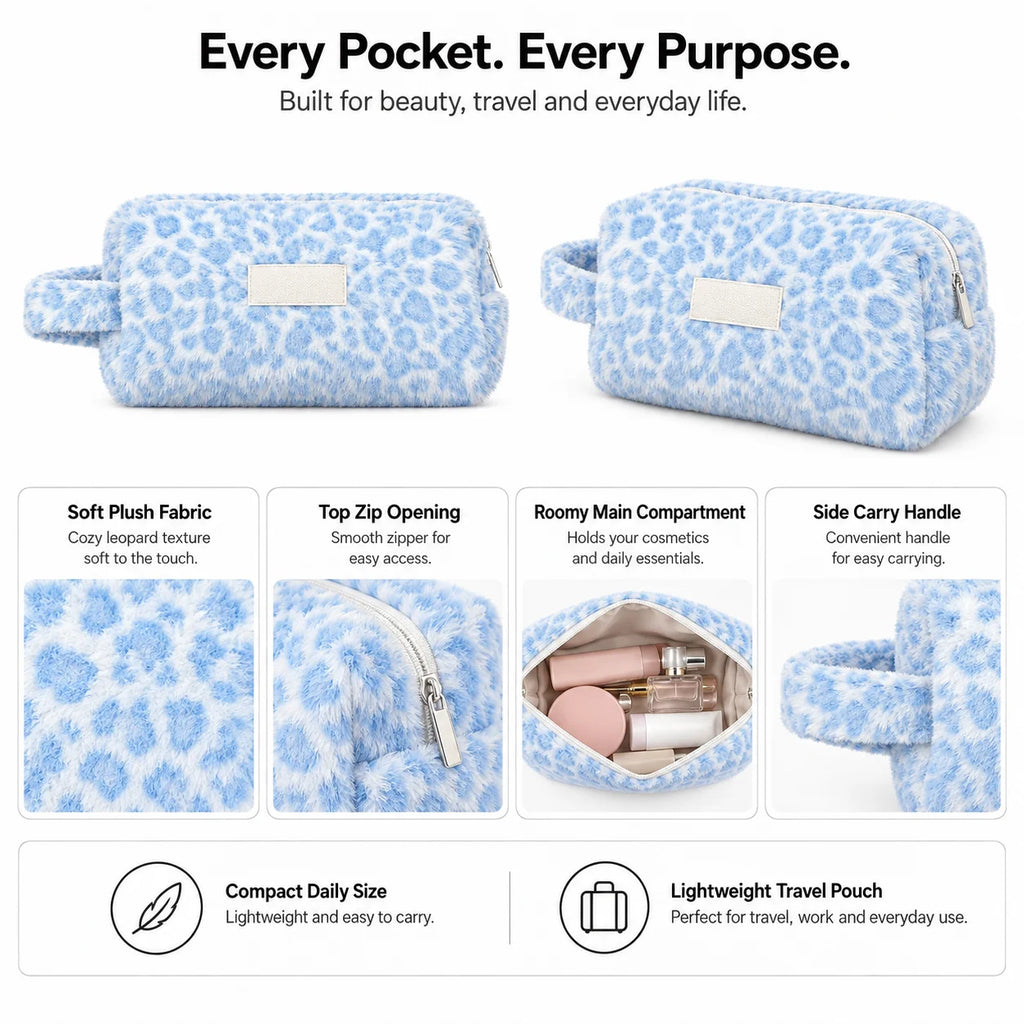 Custom Logo OEM ODM Fluffy Plush Cosmetic Bag Blue Leopard Faux Fur Makeup Pouch Low MOQ Custom Design Wholesale