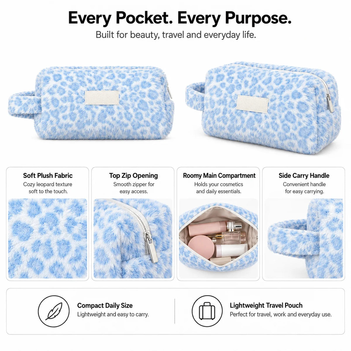 Custom Logo OEM ODM Fluffy Plush Cosmetic Bag Blue Leopard Faux Fur Makeup Pouch Low MOQ Custom Design Wholesale
