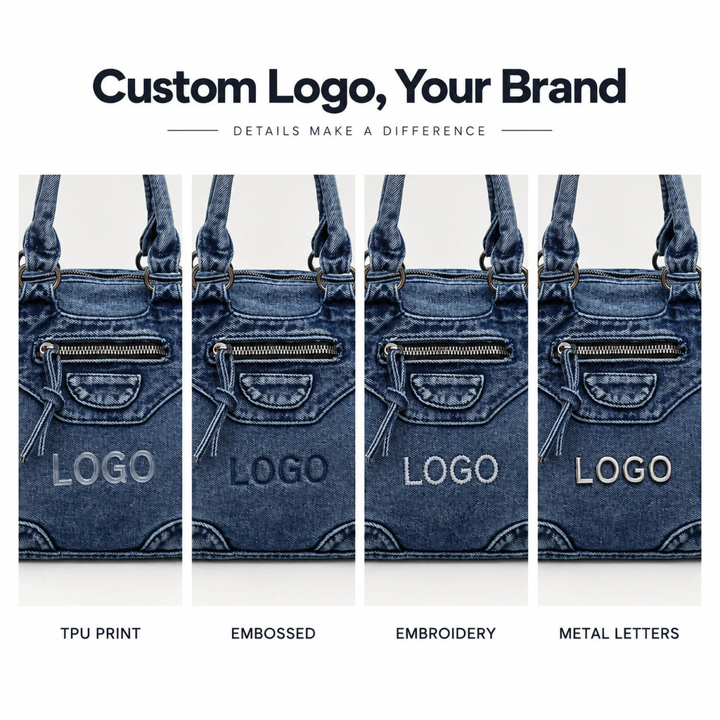 Custom Logo OEM ODM Private Label Low MOQ Denim Handbag Manufacturer BSCI Crossbody Washed Denim Boston Bag for Travel Daily