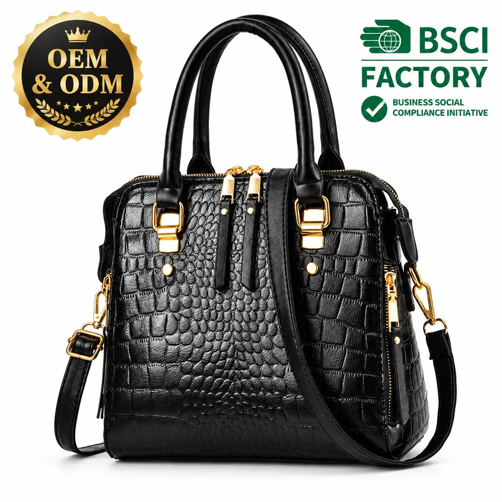 Custom Logo OEM ODM Private Label Low MOQ BSCI Factory Women Handbag Crocodile Embossed Elegant Shoulder Bag for Office Commute