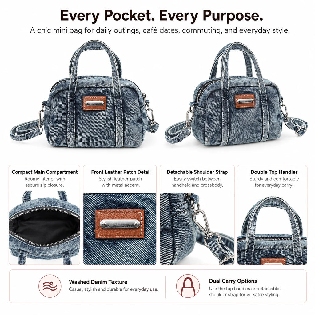 Custom Logo OEM ODM Private Label Low MOQ Denim Handbag Manufacturer BSCI Detachable Strap Washed Denim Mini Bag for Daily Use