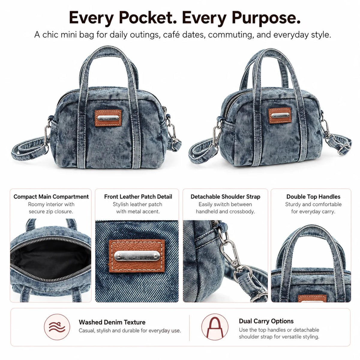 Custom Logo OEM ODM Private Label Low MOQ Denim Handbag Manufacturer BSCI Detachable Strap Washed Denim Mini Bag for Daily Use