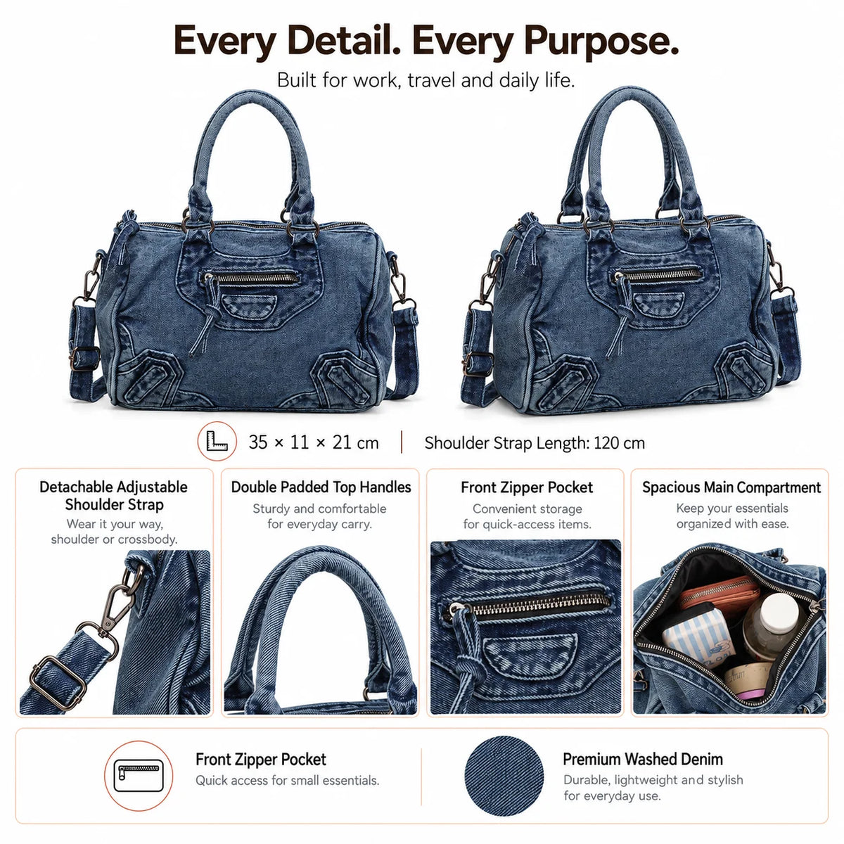Custom Logo OEM ODM Private Label Low MOQ Denim Handbag Manufacturer BSCI Crossbody Washed Denim Boston Bag for Travel Daily