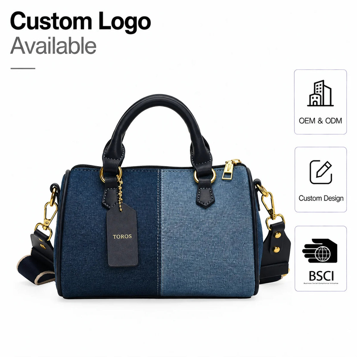 Custom Logo OEM ODM Private Label Low MOQ Denim Handbag Manufacturer BSCI Two Tone Washed Denim Leather Trim Bag for Commuting
