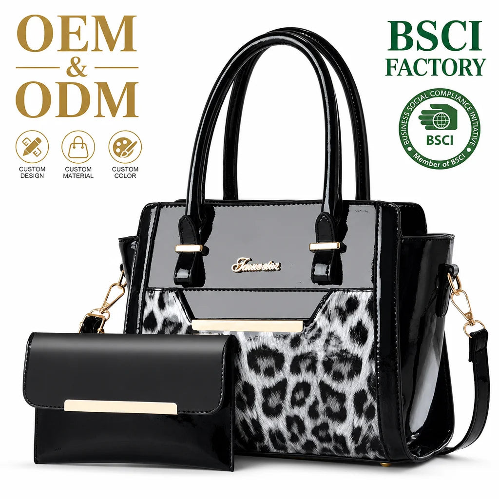 Custom Logo OEM ODM Private Label Low MOQ BSCI Factory Elegant Leopard Print Tote Bag 2 in 1 Ladies Handbag for Office Commute