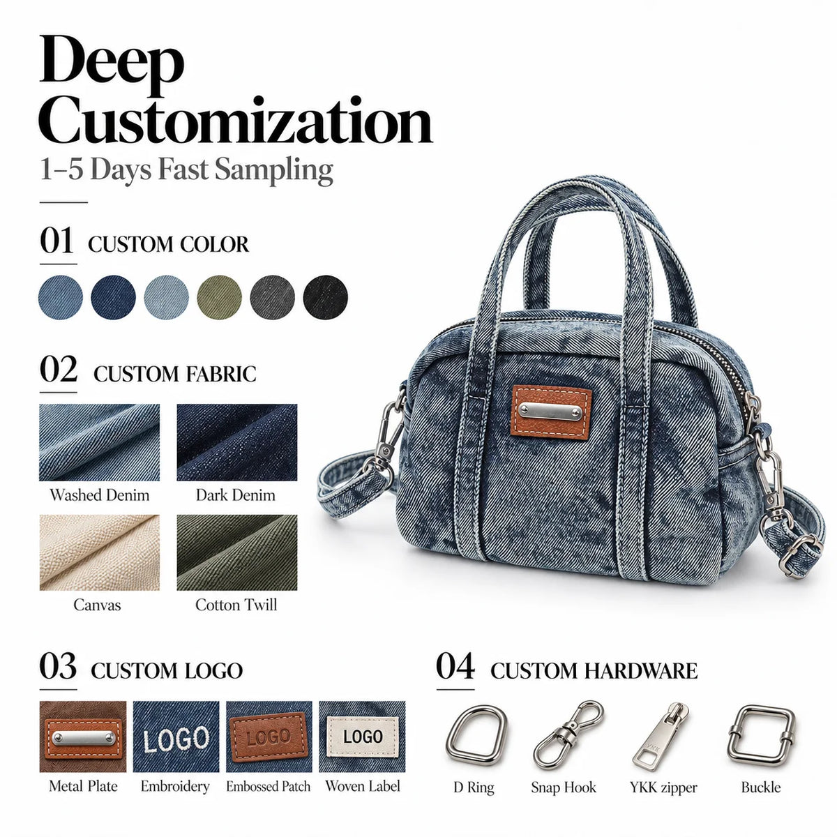 Custom Logo OEM ODM Private Label Low MOQ Denim Handbag Manufacturer BSCI Detachable Strap Washed Denim Mini Bag for Daily Use