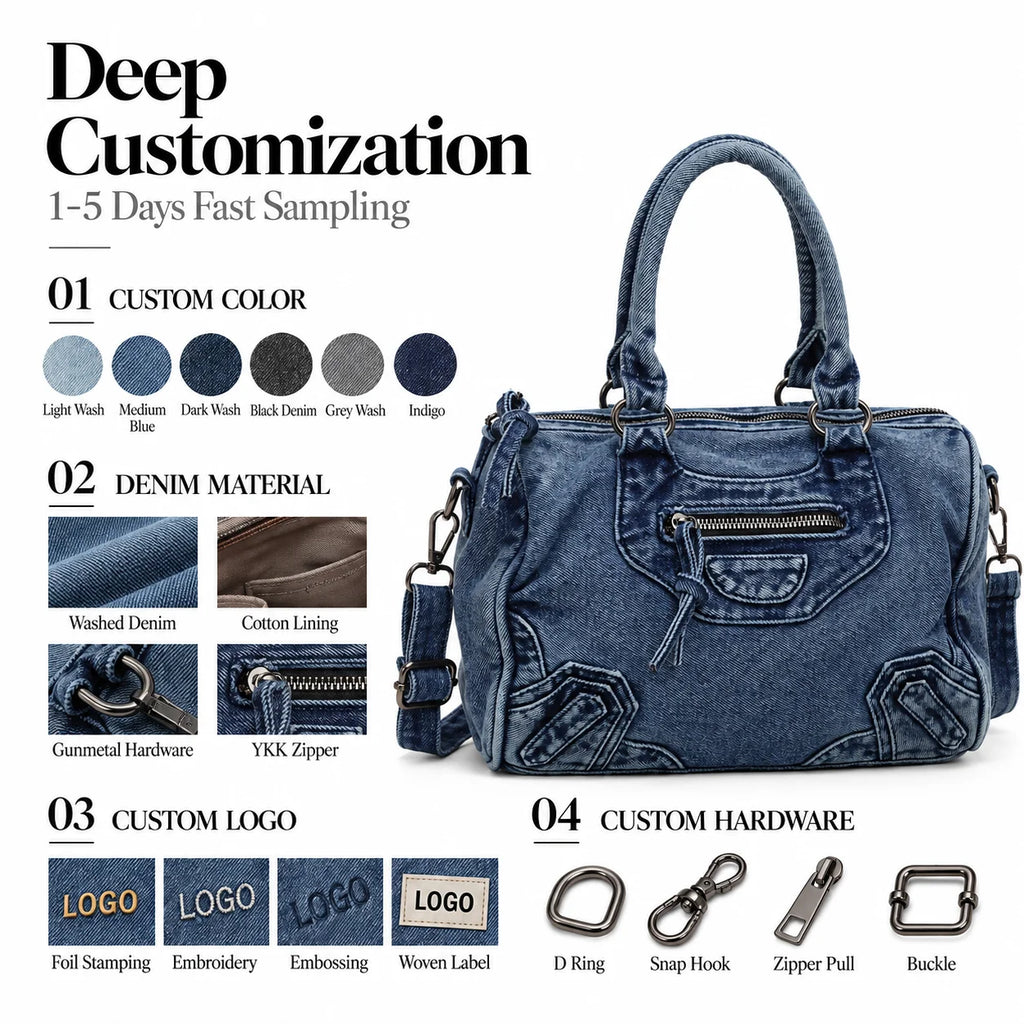Custom Logo OEM ODM Private Label Low MOQ Denim Handbag Manufacturer BSCI Crossbody Washed Denim Boston Bag for Travel Daily