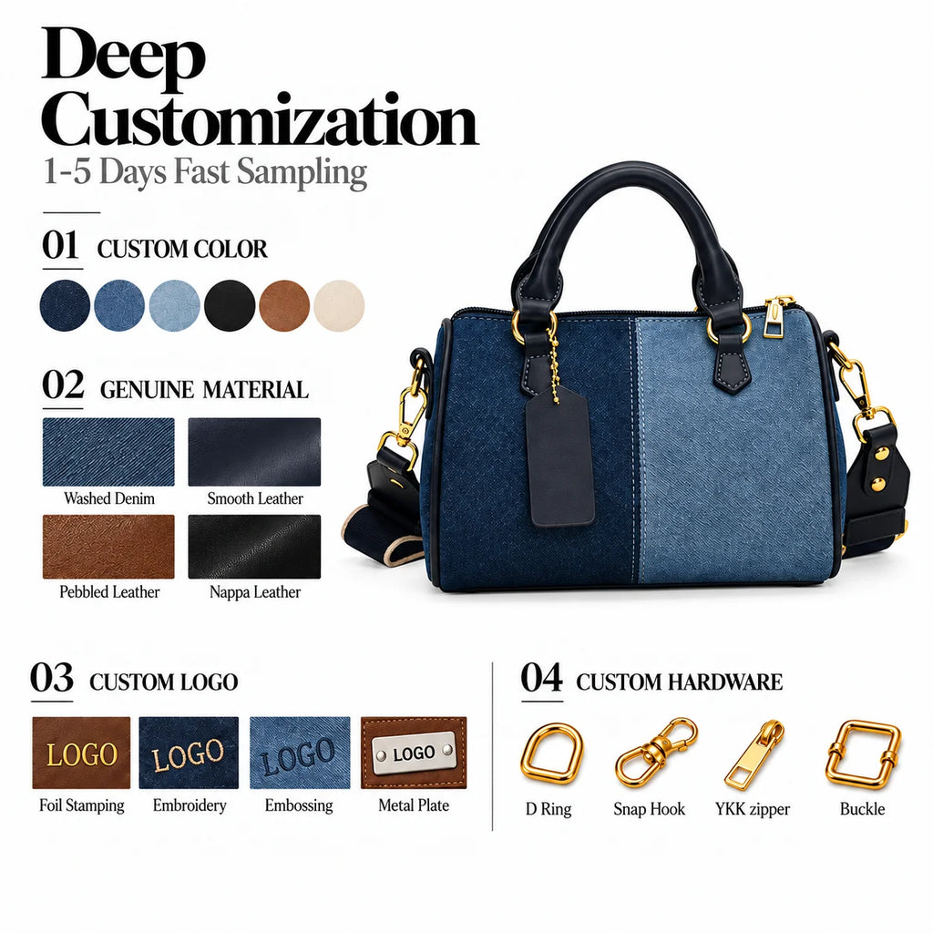 Custom Logo OEM ODM Private Label Low MOQ Denim Handbag Manufacturer BSCI Two Tone Washed Denim Leather Trim Bag for Commuting
