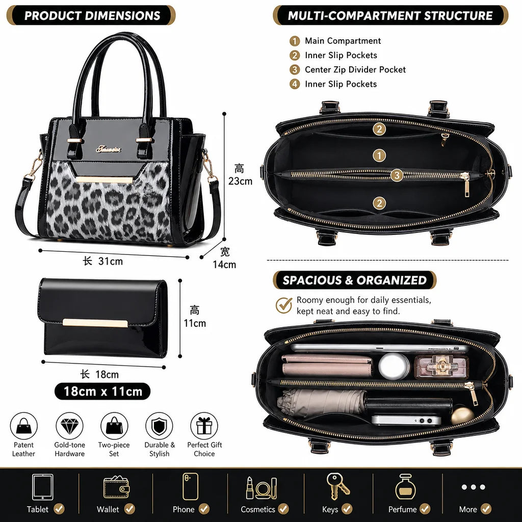 Custom Logo OEM ODM Private Label Low MOQ BSCI Factory Elegant Leopard Print Tote Bag 2 in 1 Ladies Handbag for Office Commute