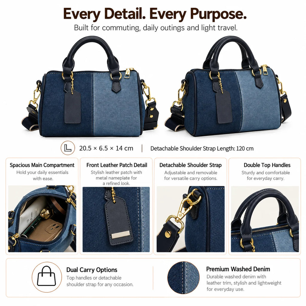 Custom Logo OEM ODM Private Label Low MOQ Denim Handbag Manufacturer BSCI Two Tone Washed Denim Leather Trim Bag for Commuting